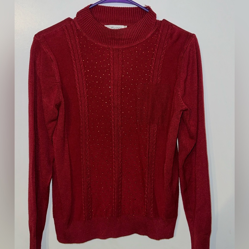 Women's Red Cable Knit Turtleneck Sweater with Stud Accents